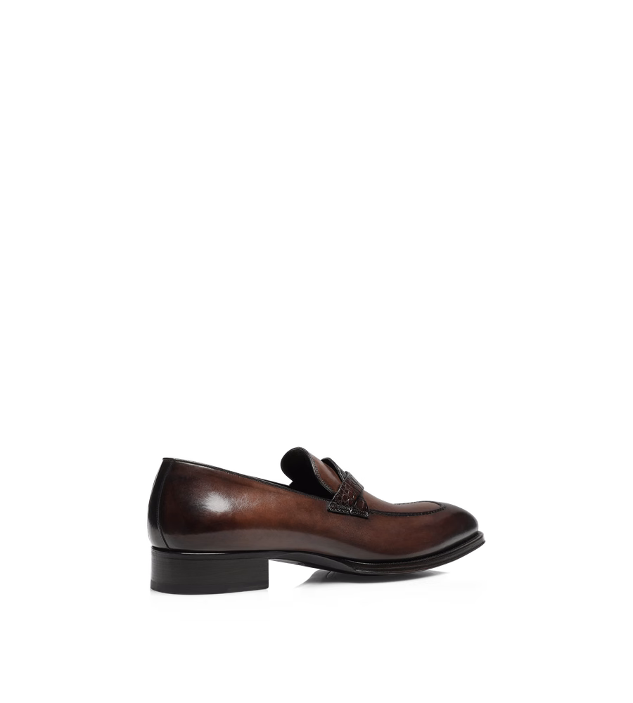 BURNISHED LEATHER AND ALLIGATOR ELKAN TWISTED BAND LOAFER