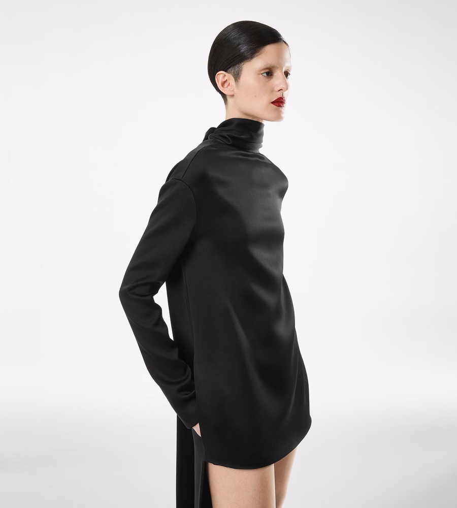 SHINY CREPE MOCK NECK COCKTAIL DRESS
