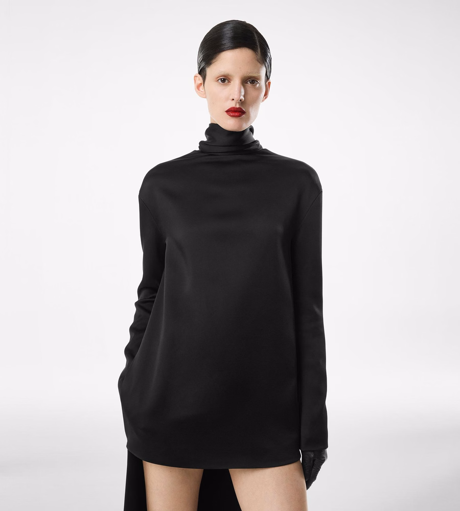 SHINY CREPE MOCK NECK COCKTAIL DRESS