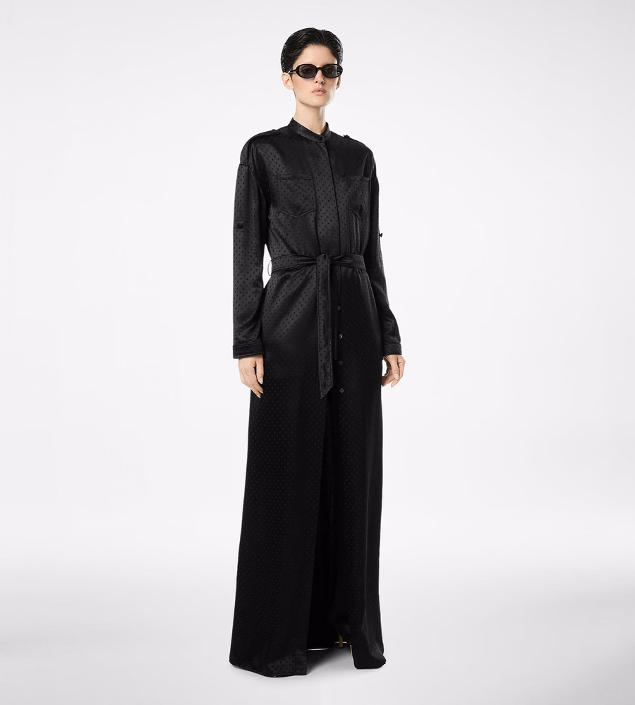 POLKA DOT JACQUARD LONG BELTED MILITARY DRESS