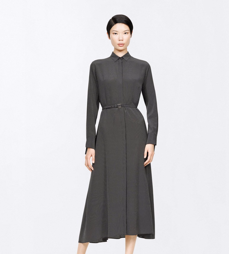PRINTED MICRO POLKA DOT SILK CREPE DE CHINE BELTED SHIRT DRESS