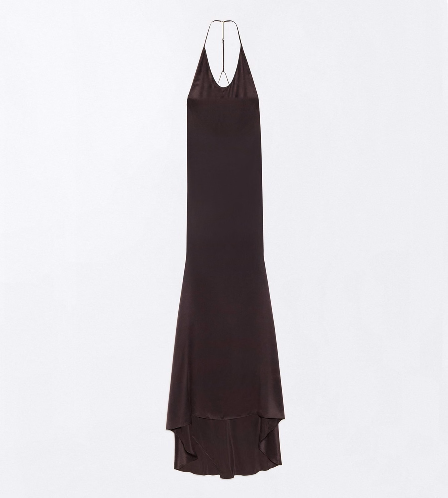 PEACH-FEEL SILK SATIN HALTERNECK EVENING DRESS