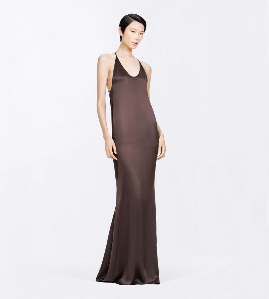 PEACH-FEEL SILK SATIN HALTERNECK EVENING DRESS