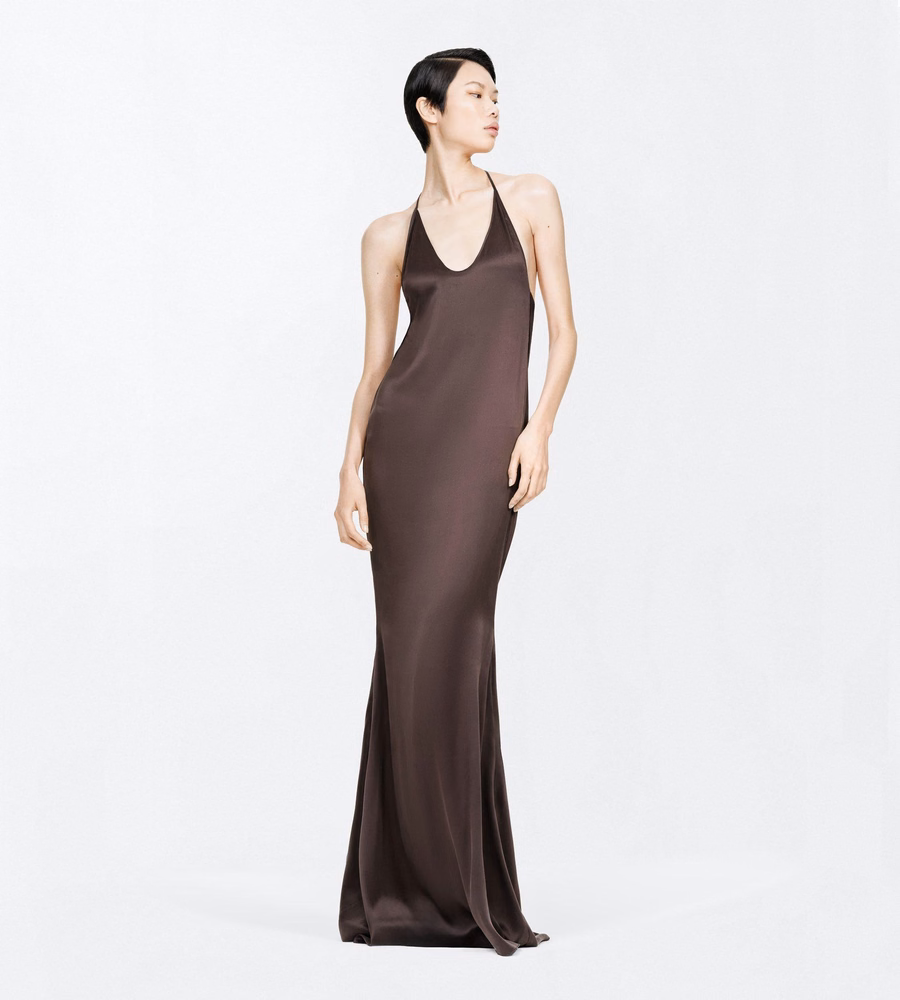 PEACH-FEEL SILK SATIN HALTERNECK EVENING DRESS