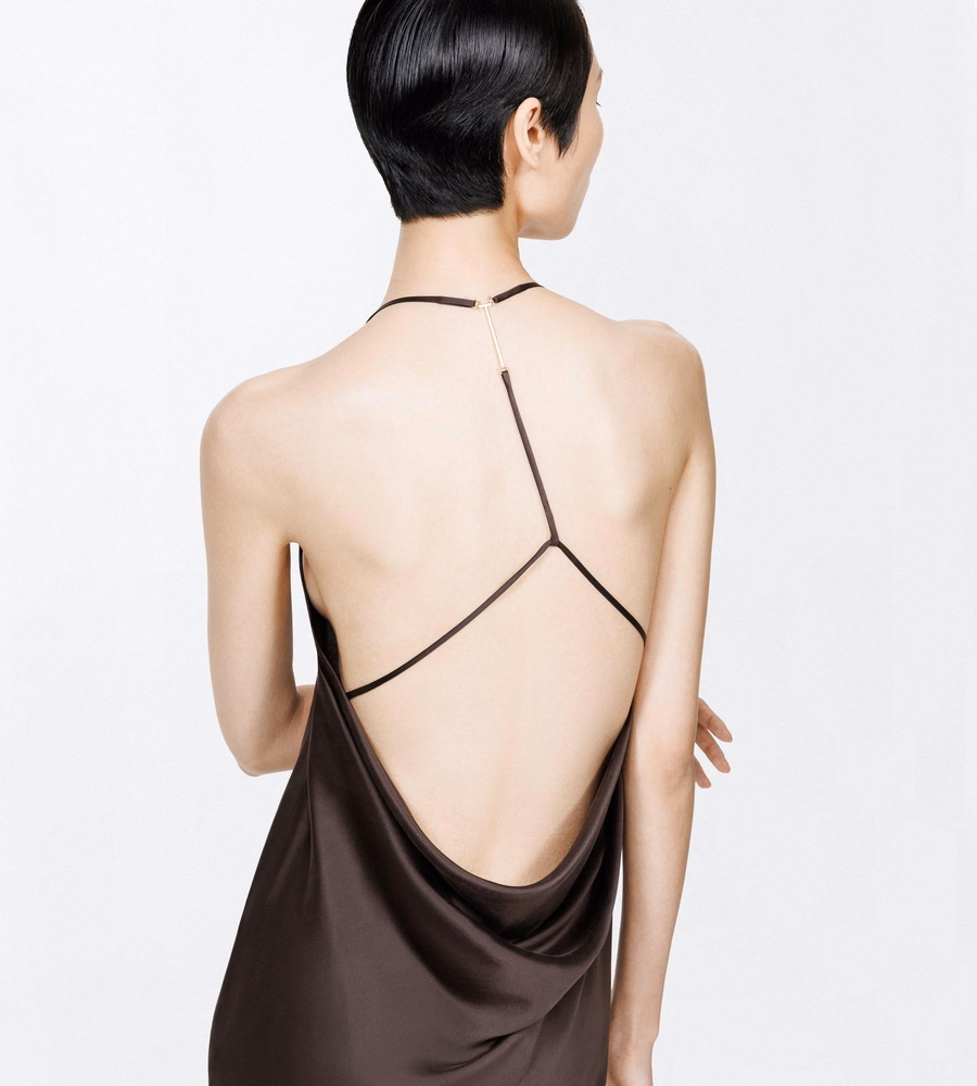 PEACH-FEEL SILK SATIN HALTERNECK EVENING DRESS