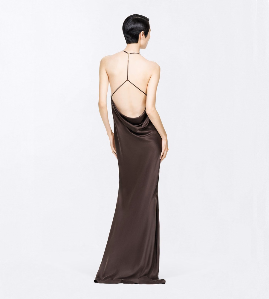 PEACH-FEEL SILK SATIN HALTERNECK EVENING DRESS