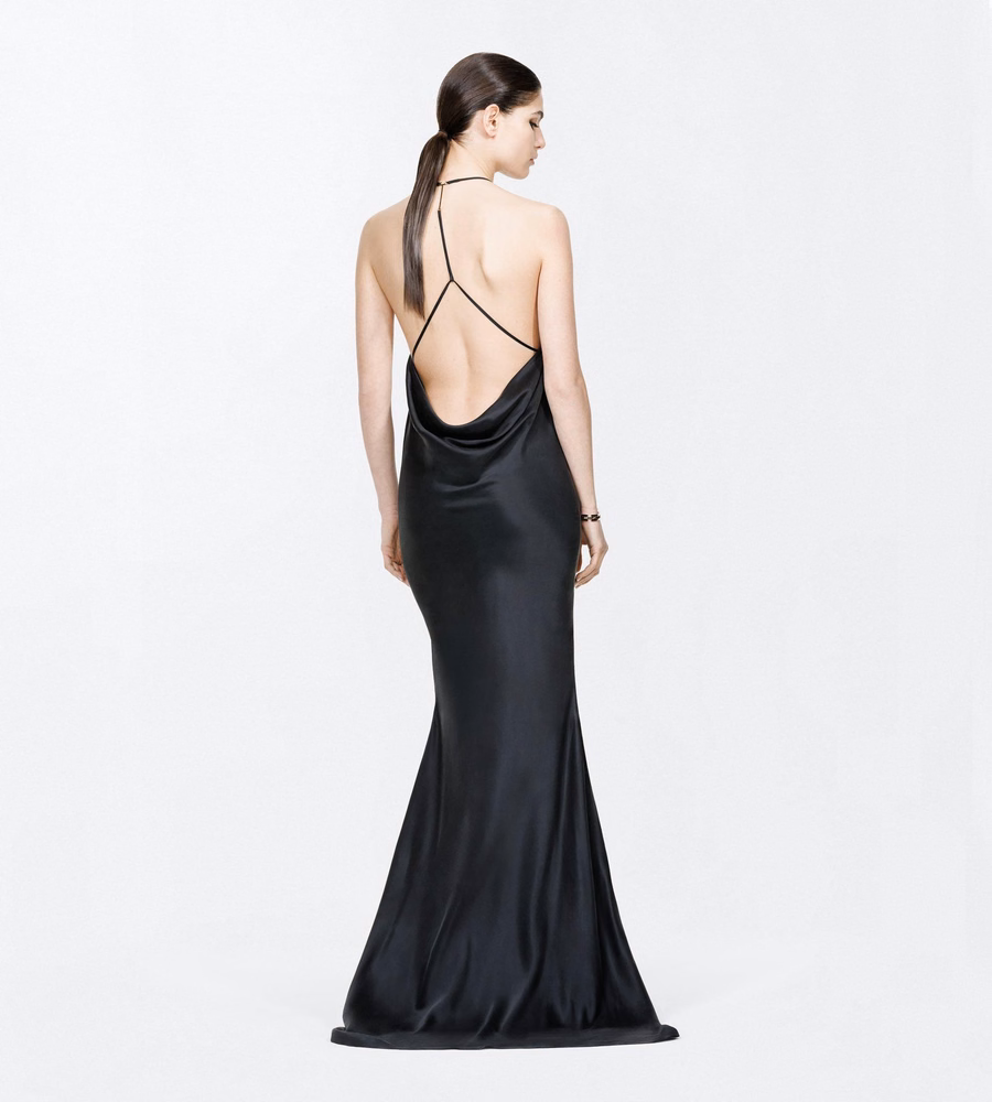 PEACH-FEEL SILK SATIN HALTERNECK EVENING DRESS