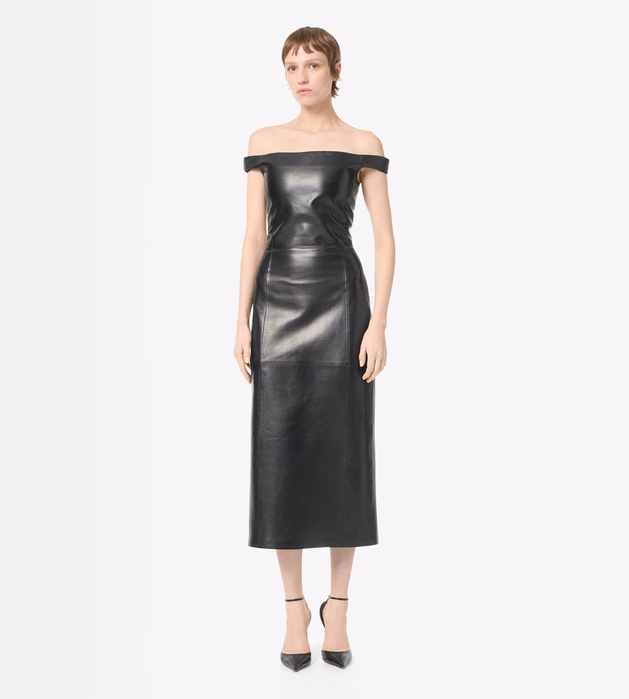 OFF THE SHOULDER SILKY GUANTERIA LEATHER DRESS