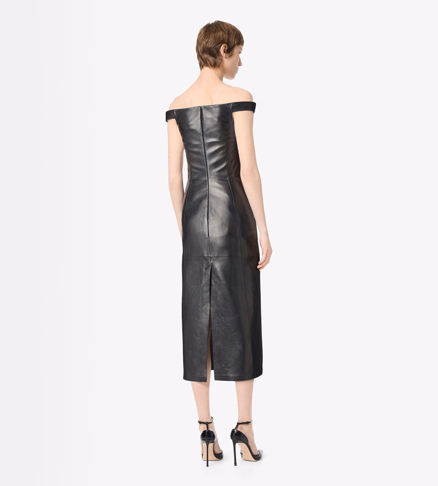 OFF THE SHOULDER SILKY GUANTERIA LEATHER DRESS