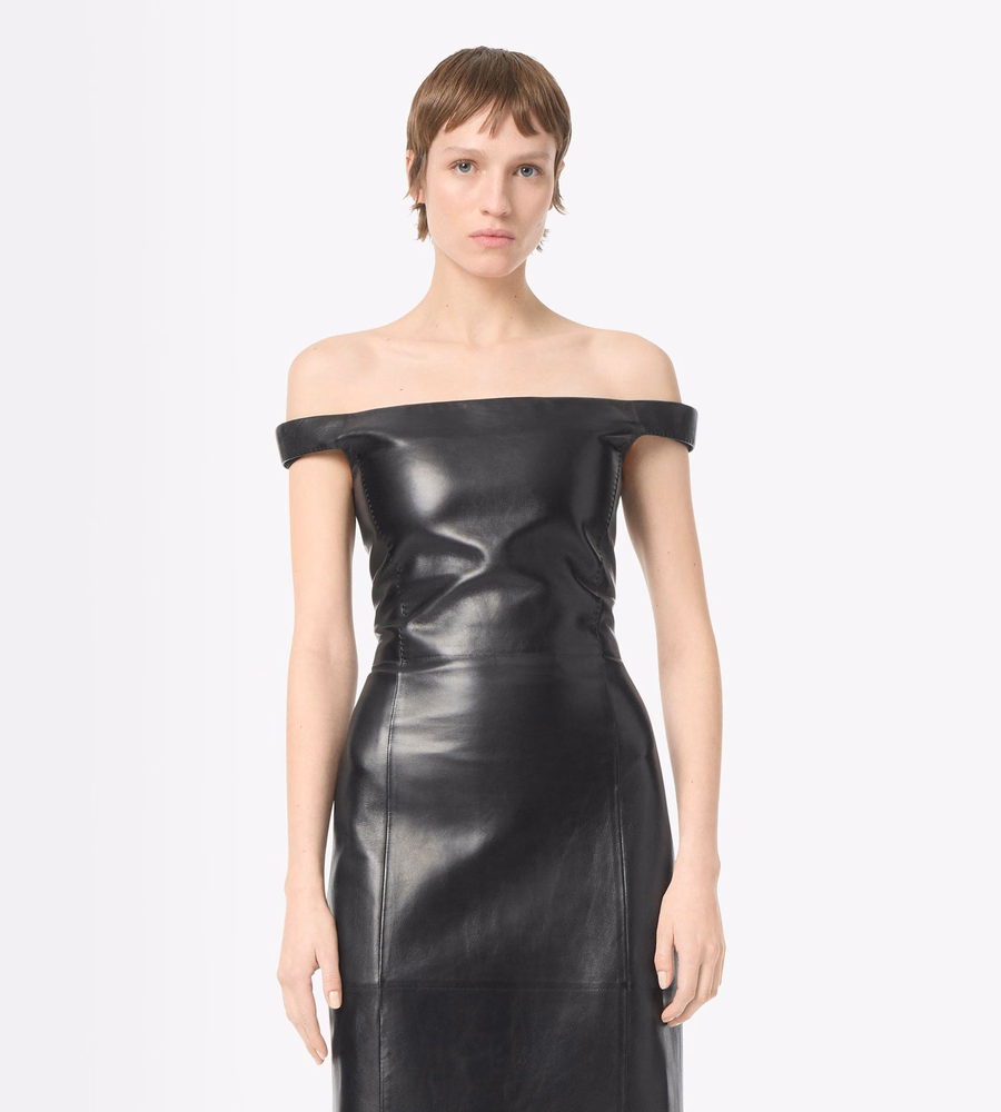 OFF THE SHOULDER SILKY GUANTERIA LEATHER DRESS