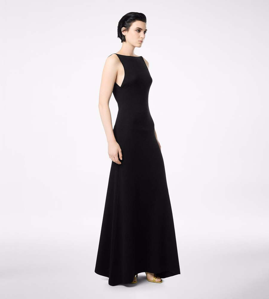 CASHMERE SILK LONG SLASH NECK DRESS WITH OPEN BACK