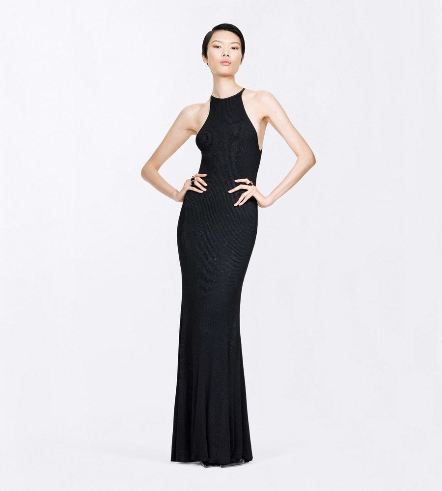 COMPACT LUREX VISCOSE RIB WITH MICRO SEQUINS HALTERNECK MAXI DRESS