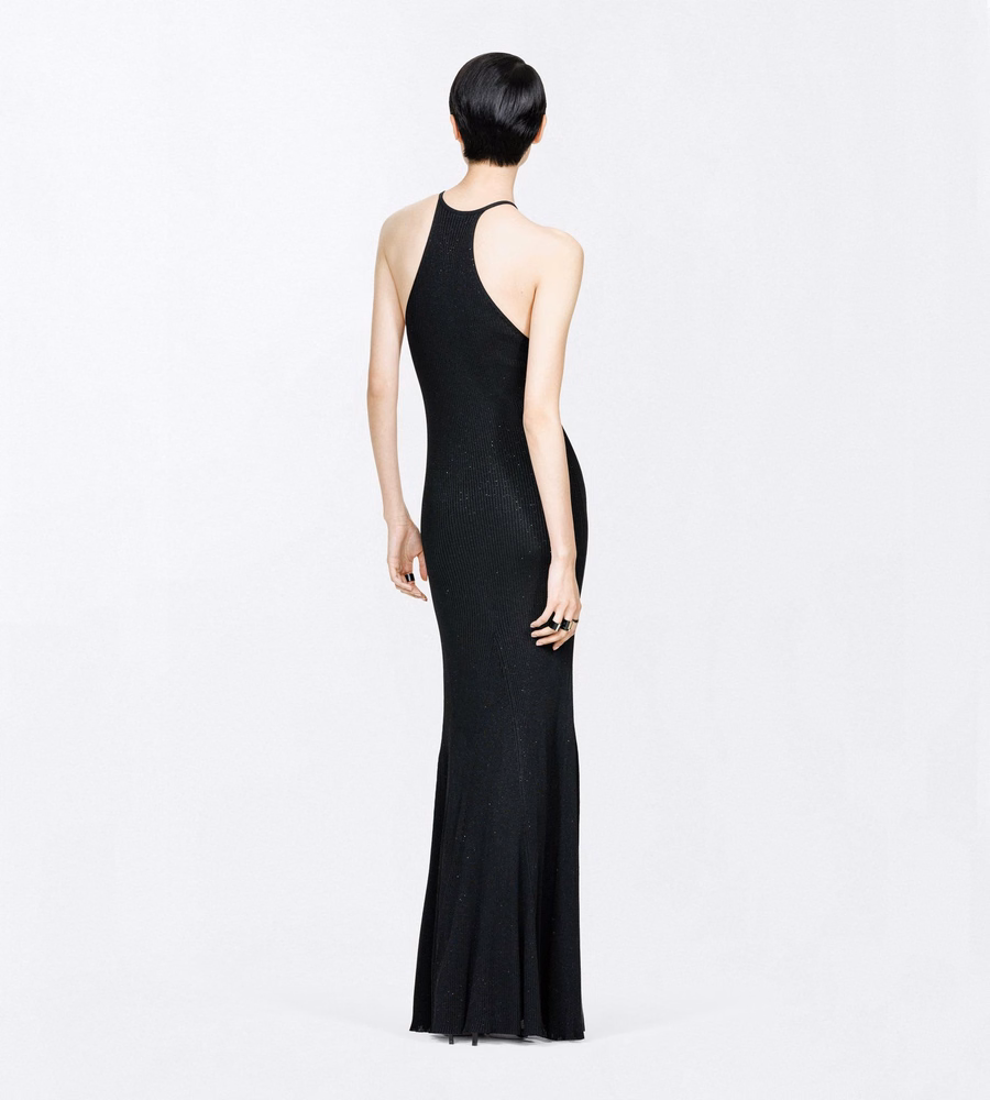 COMPACT LUREX VISCOSE RIB WITH MICRO SEQUINS HALTERNECK MAXI DRESS