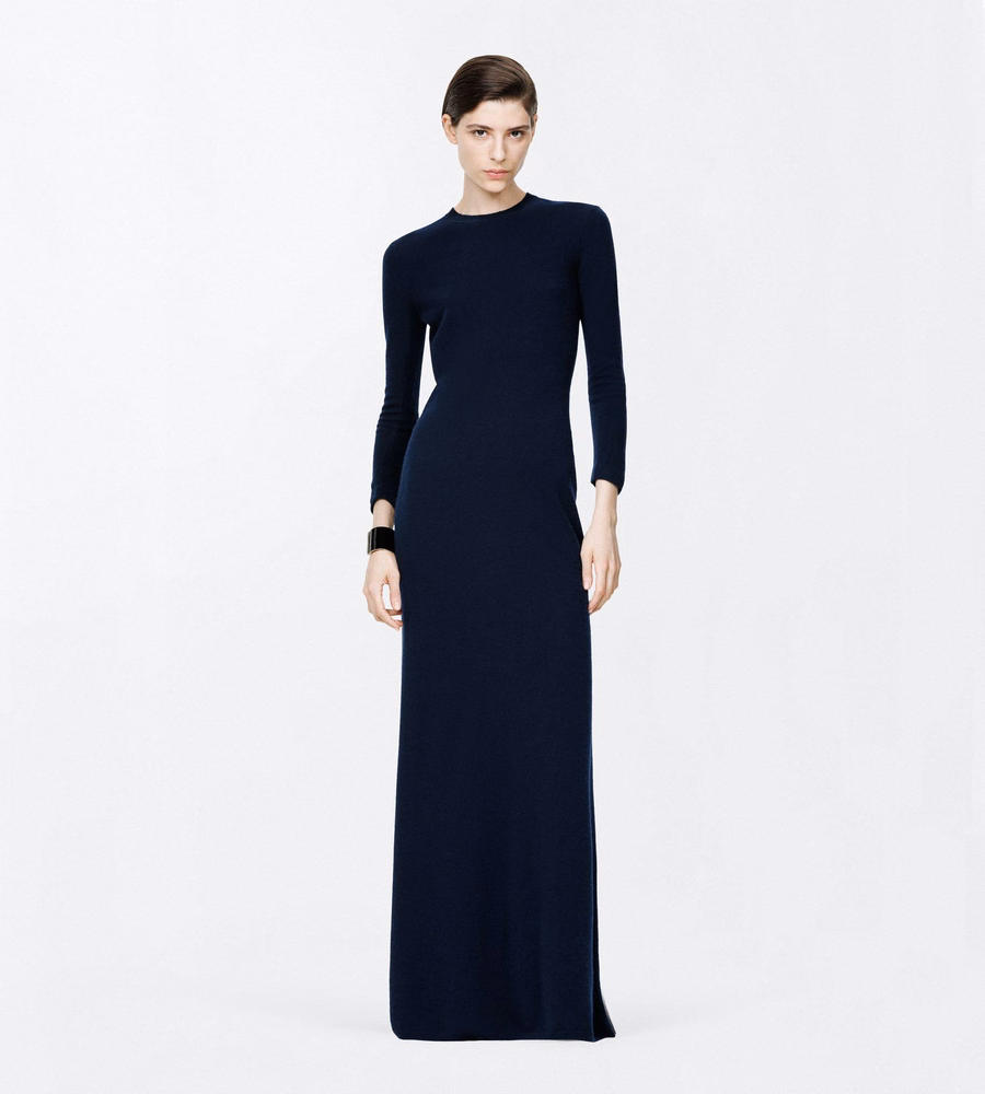 FEATHERWEIGHT LONG SLEEVE CREWNECK DRESS WITH SHEER BACK
