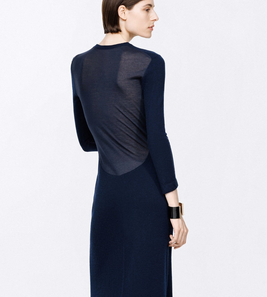 FEATHERWEIGHT LONG SLEEVE CREWNECK DRESS WITH SHEER BACK