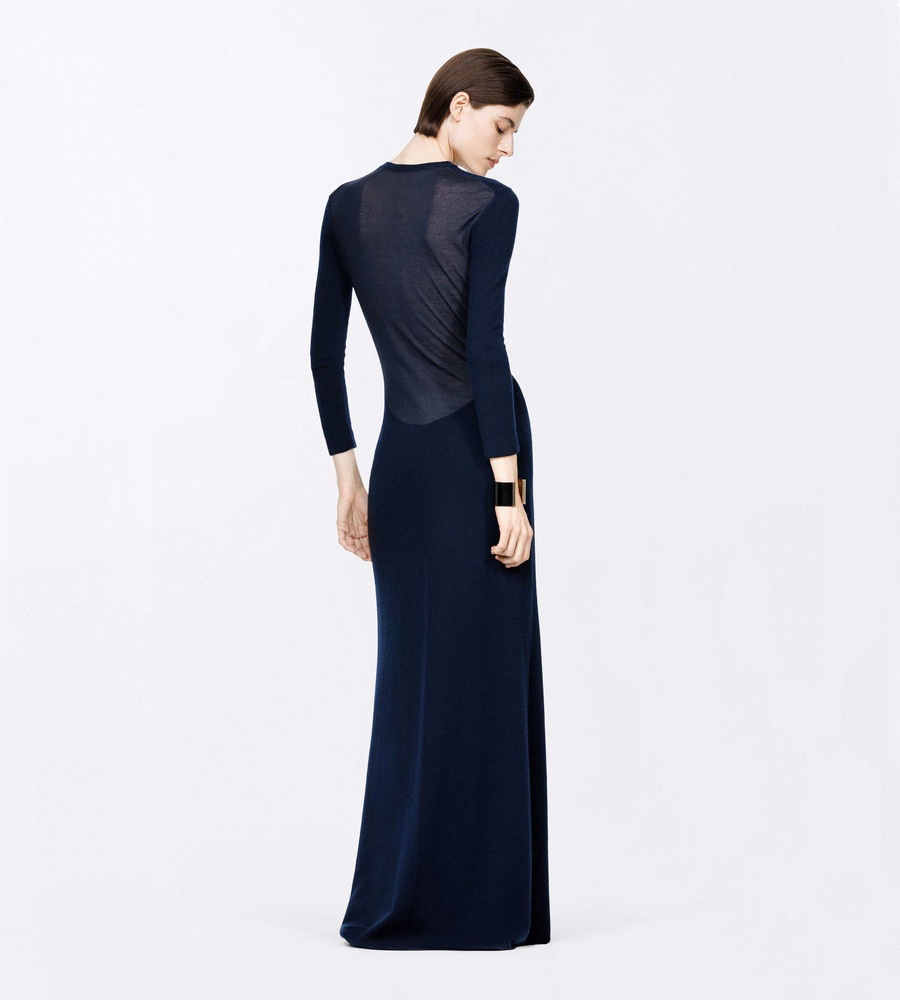 FEATHERWEIGHT LONG SLEEVE CREWNECK DRESS WITH SHEER BACK