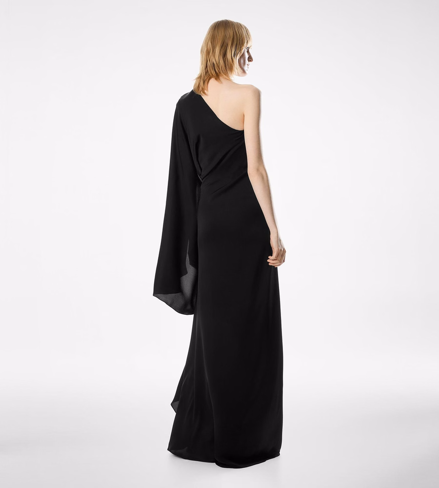 ONE SHOULDER EVENING DRESS WITH CAPE AND LIZA HARDWARE DETAIL
