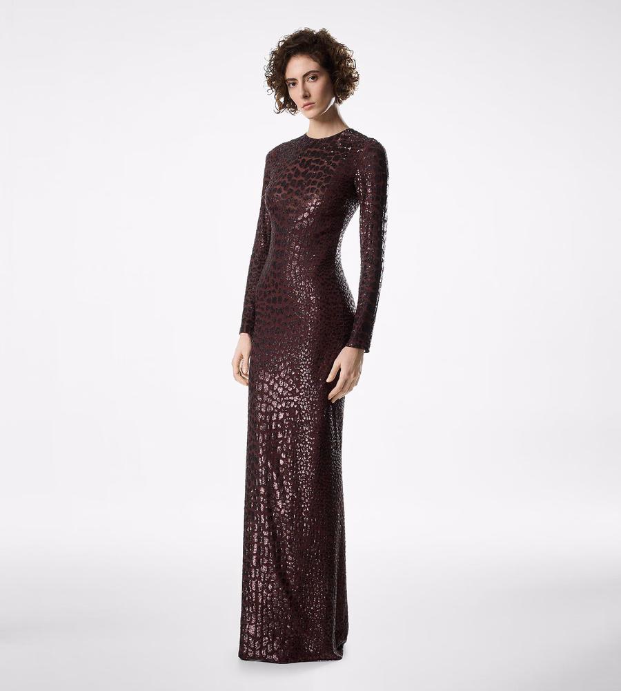 EMBROIDERED CROC EFFECT LONG SLEEVE EVENING DRESS