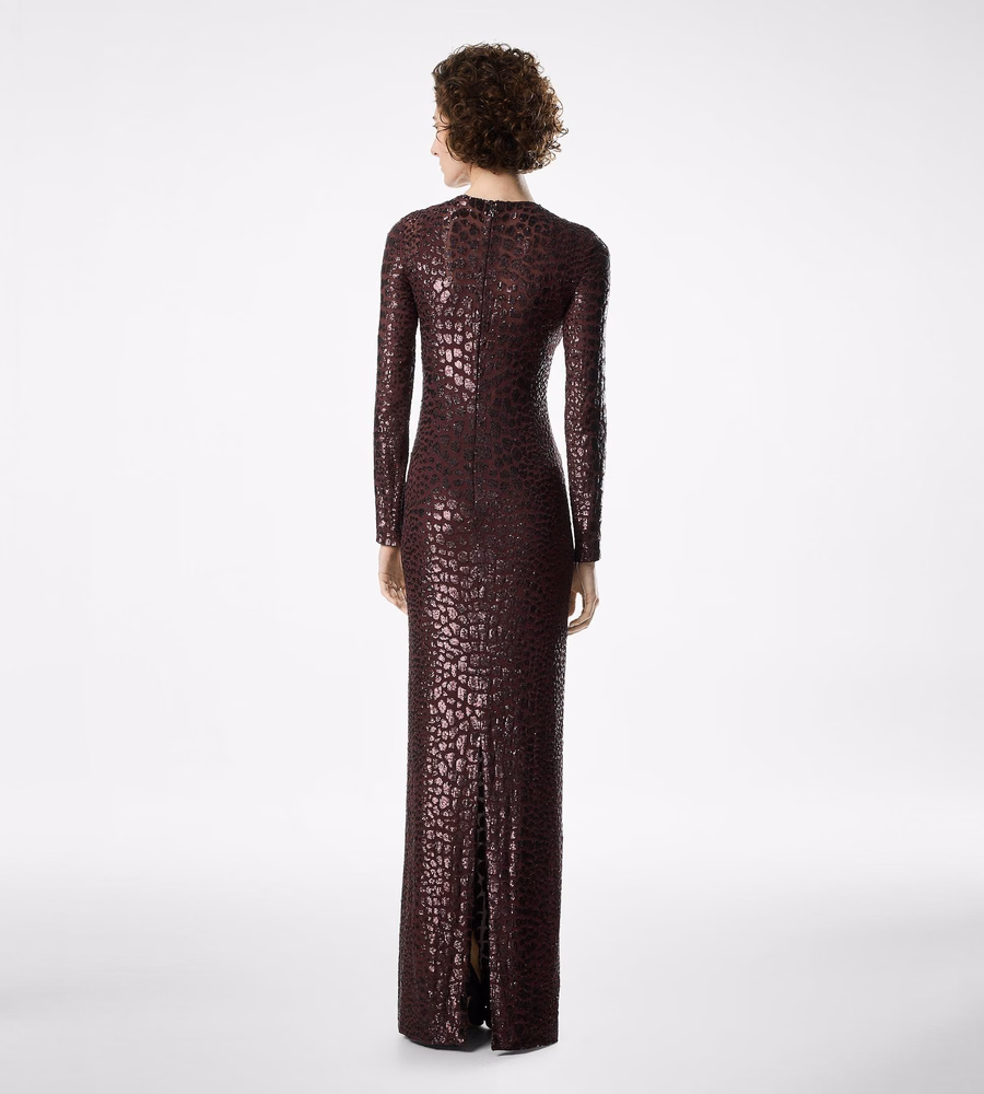 EMBROIDERED CROC EFFECT LONG SLEEVE EVENING DRESS