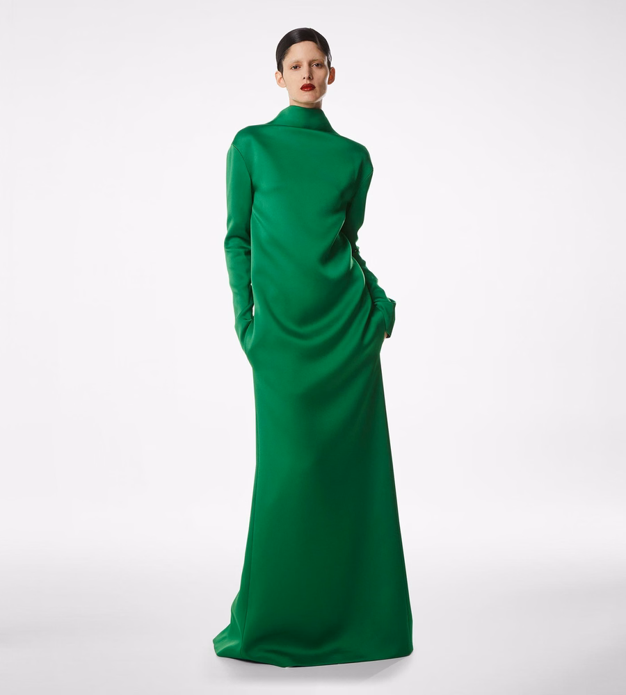 SHINY CREPE MOCK NECK COLUMN EVENING DRESS