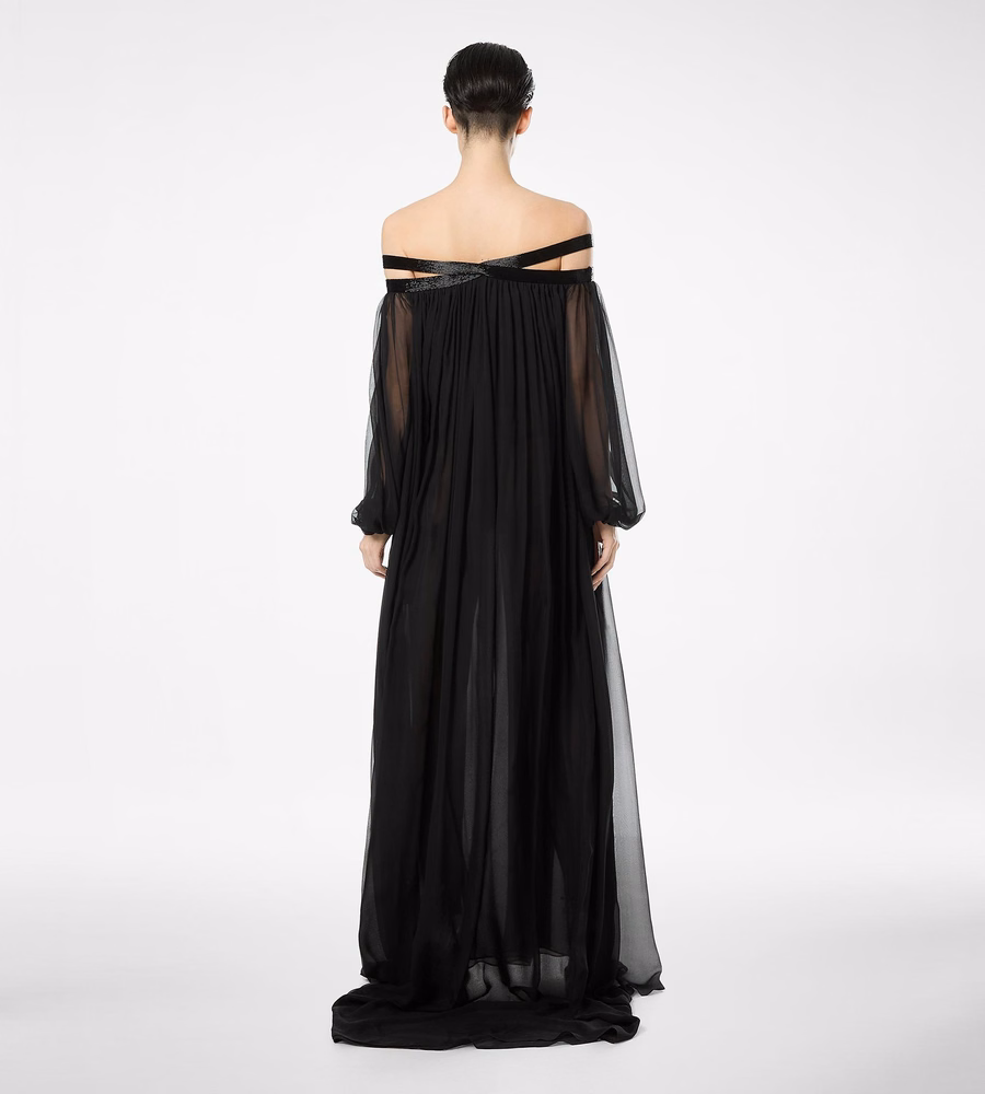 EMBROIDERED SILK CHIFFON OFF THE SHOULDER EVENING DRESS
