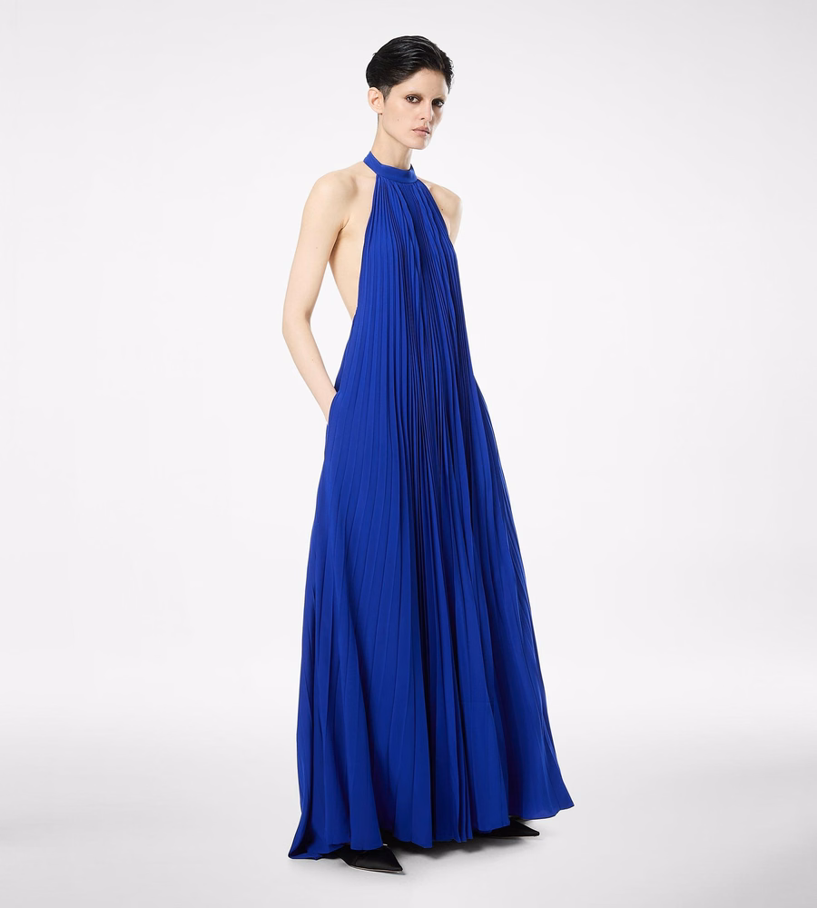 SILK HALTERNECK SUNRAY PLISSE EVENING DRESS