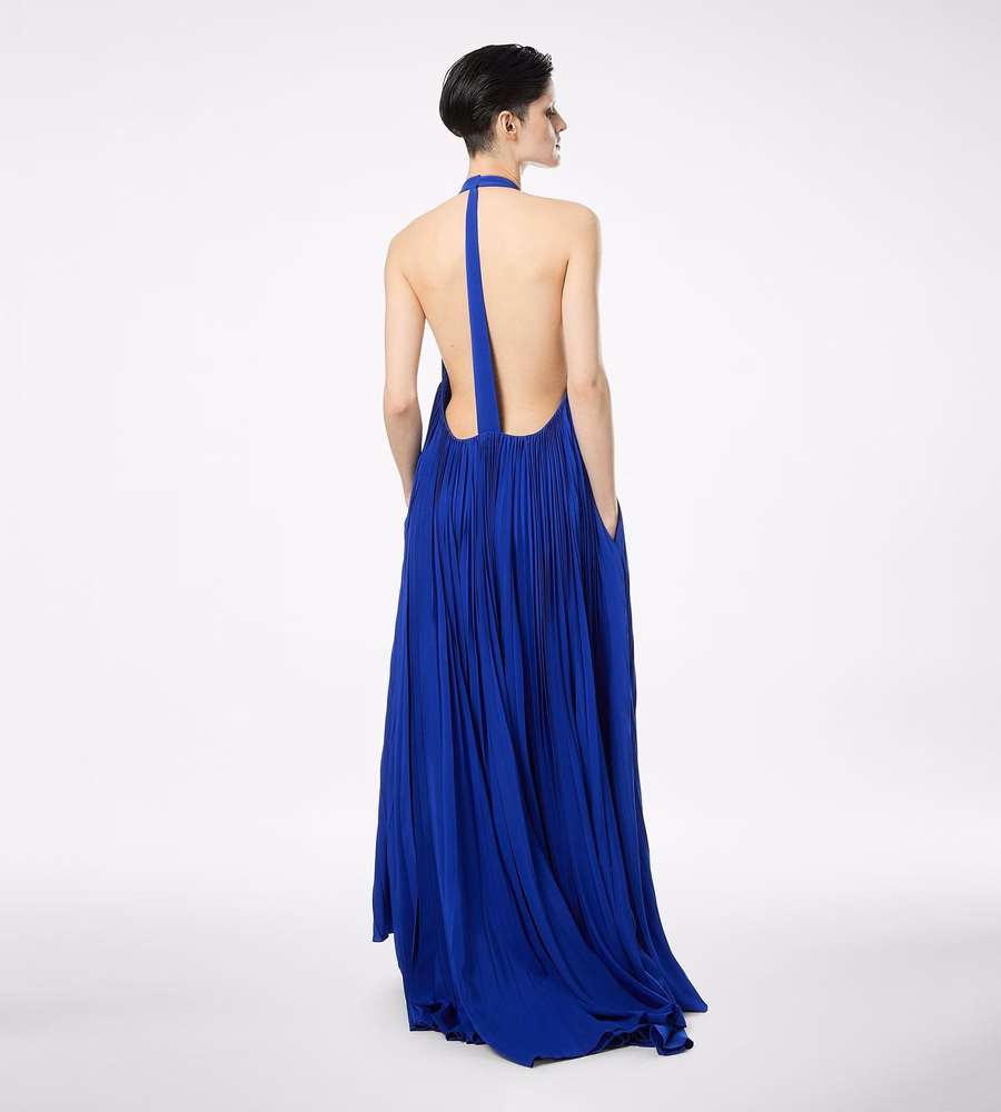 SILK HALTERNECK SUNRAY PLISSE EVENING DRESS
