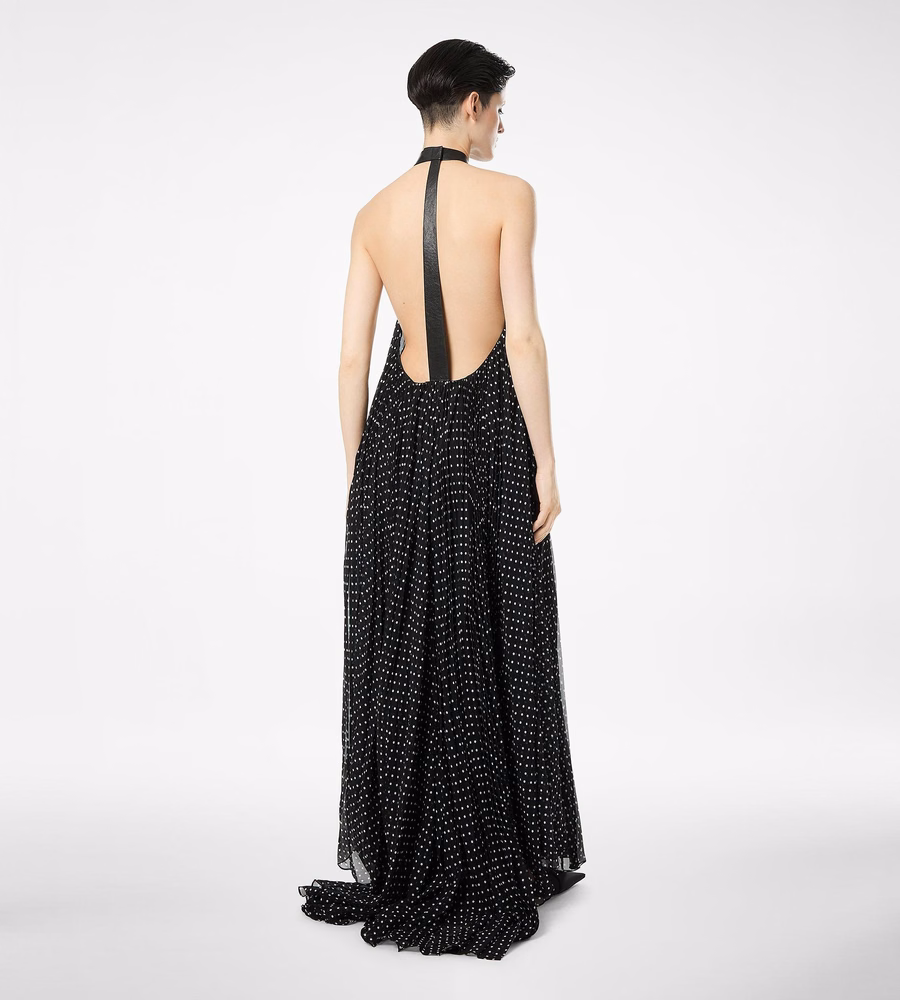 SILK HALTERNECK SUNRAY PLISSE EVENING DRESS WITH LEATHER DETAIL