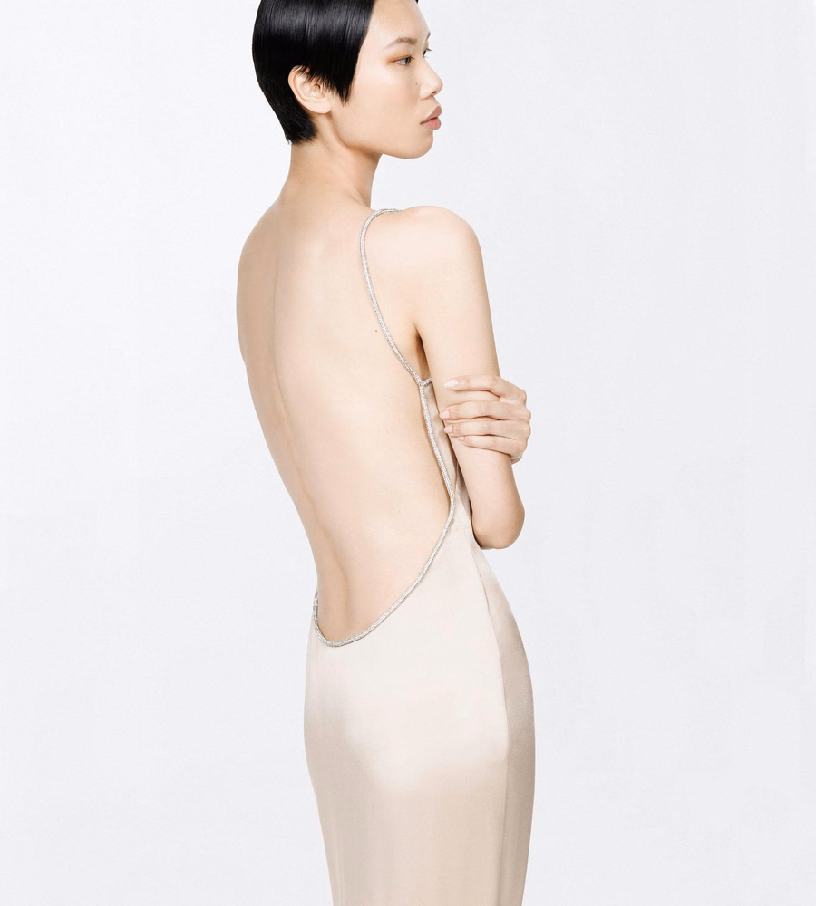 CRYSTAL CHAIN EMBROIDERY SATIN SLEEVELESS EVENING DRESS WITH OPEN BACK