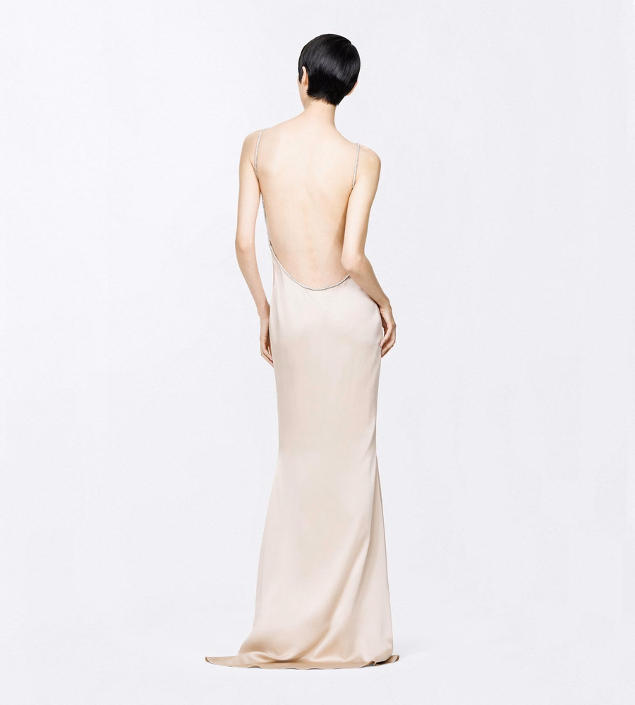 CRYSTAL CHAIN EMBROIDERY SATIN SLEEVELESS EVENING DRESS WITH OPEN BACK