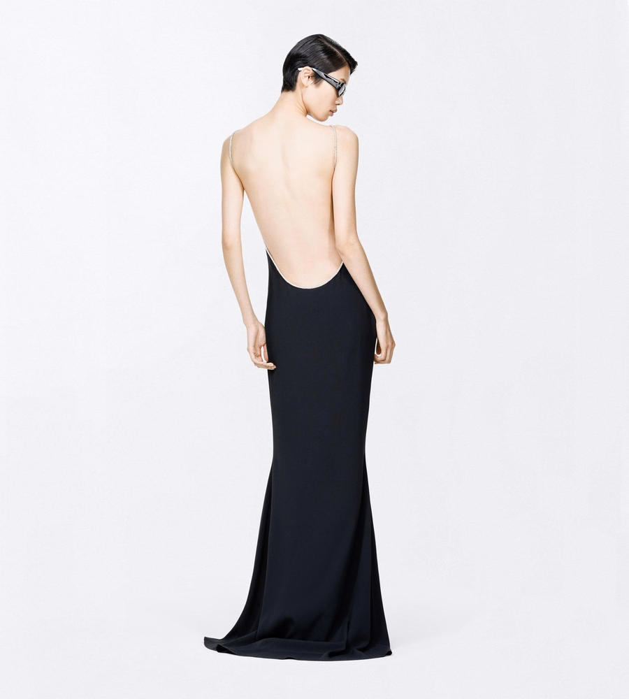 CRYSTAL CHAIN EMBROIDERY SATIN SLEEVELESS EVENING DRESS WITH OPEN BACK