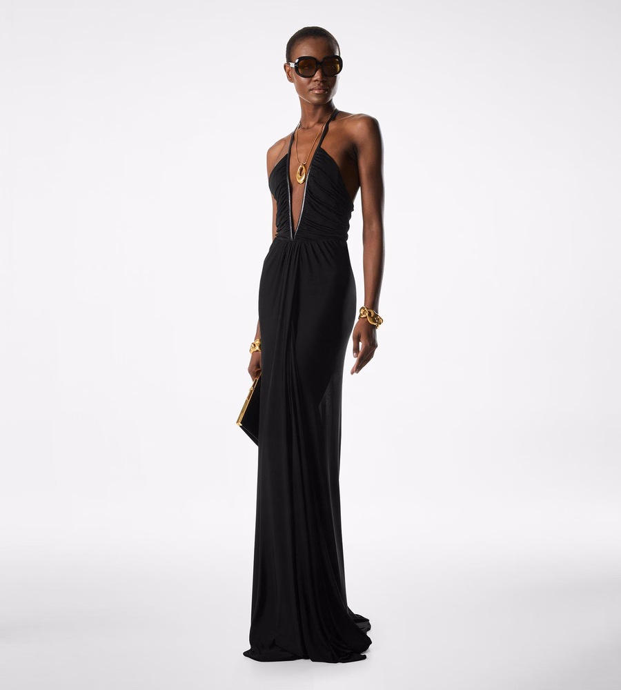 STRETCH JERSEY DEEP V-NECK EVENING DRESS