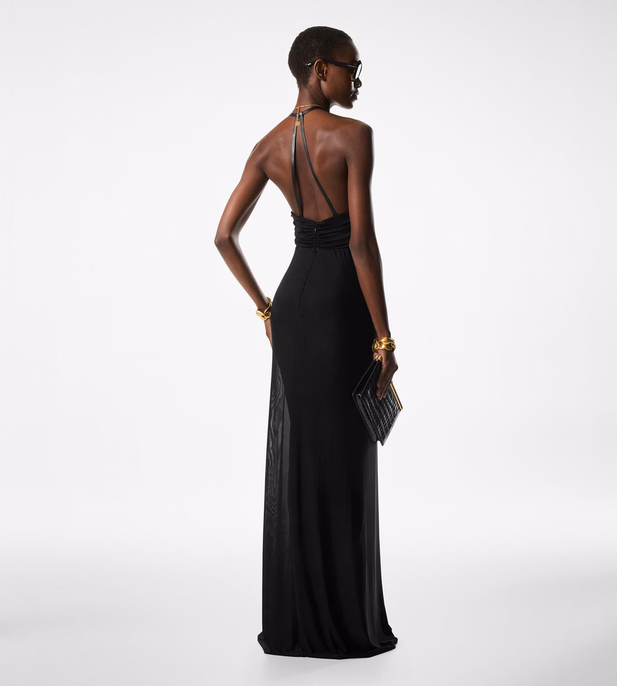 STRETCH JERSEY DEEP V-NECK EVENING DRESS