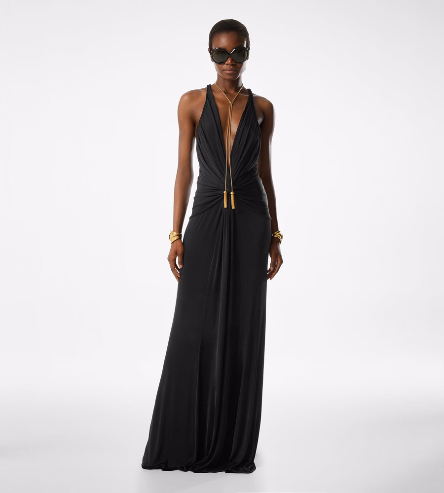 V-NECK CRISS-CROSS EVENING DRESS