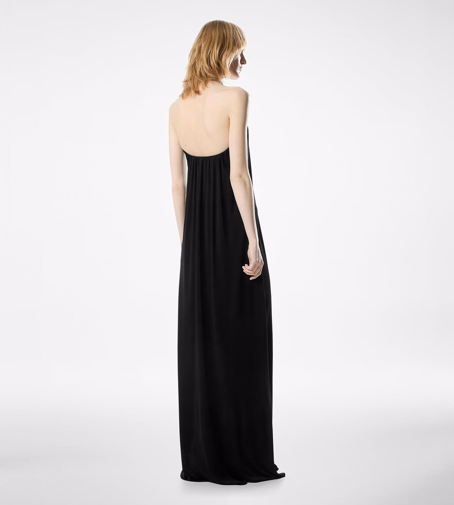 STRAPLESS DRAPED EVENING DRESS