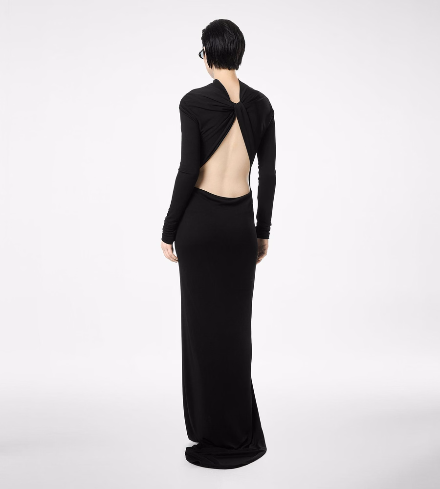 LONG SLEEVE ASYMMETRIC EVENING DRESS WITH TWISTED BACK