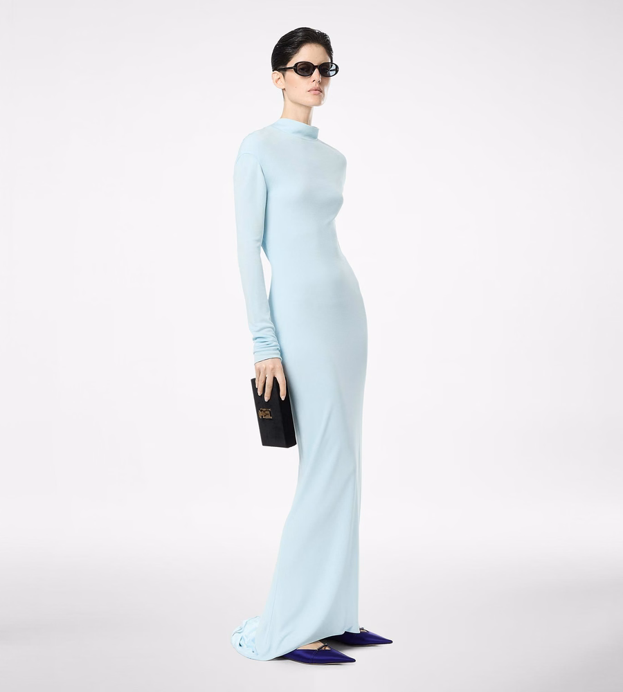 LONG SLEEVE ASYMMETRIC EVENING DRESS WITH TWISTED BACK