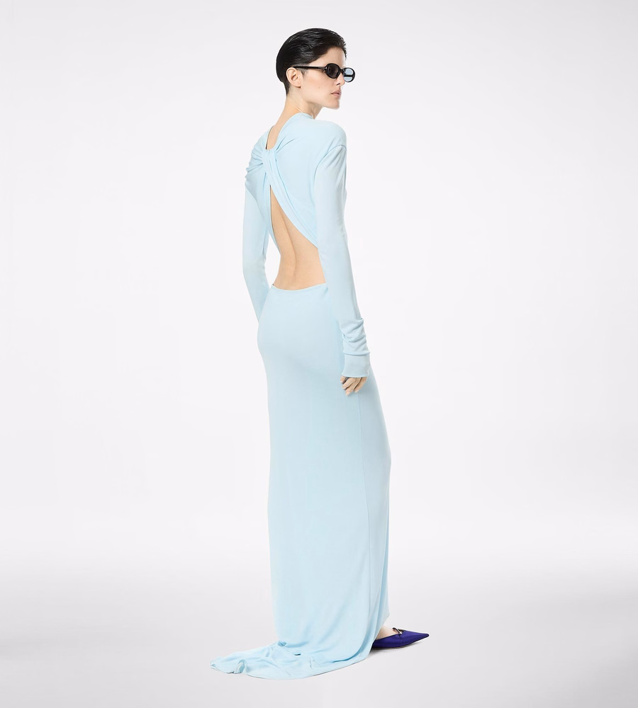 LONG SLEEVE ASYMMETRIC EVENING DRESS WITH TWISTED BACK