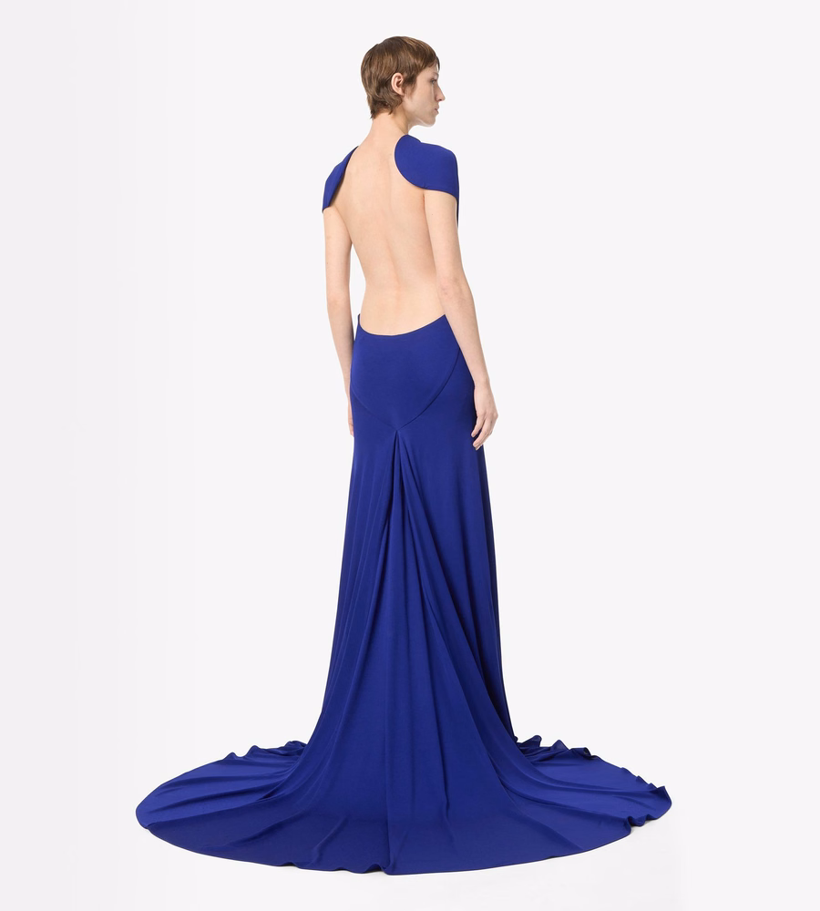 IMPOSSIBLE BACKLESS CAP SLEEVE EVENING DRESS WITH TRAIN