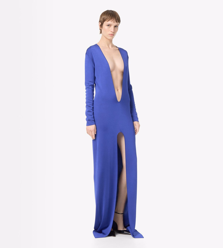 PLUNGE NECK FINE KNIT EVENING DRESS WITH HIGH FRONT