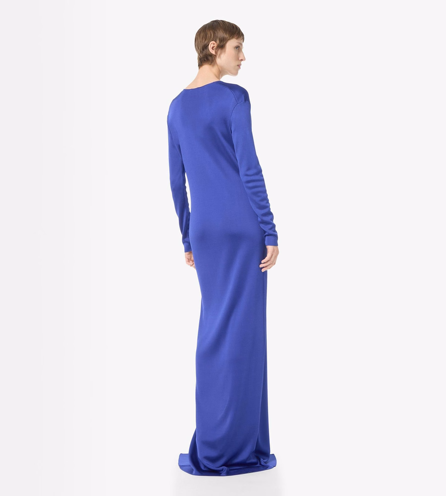 PLUNGE NECK FINE KNIT EVENING DRESS WITH HIGH FRONT