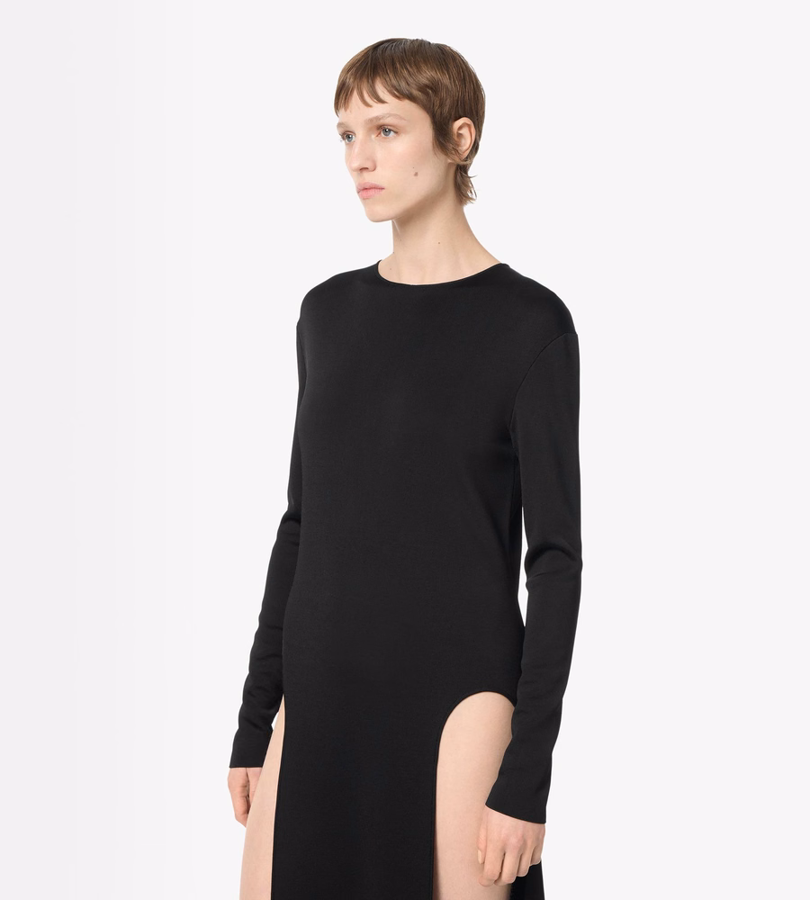 FINE KNIT CREWNECK EVENING DRESS WITH HIGH LEG SIDE SLASHES