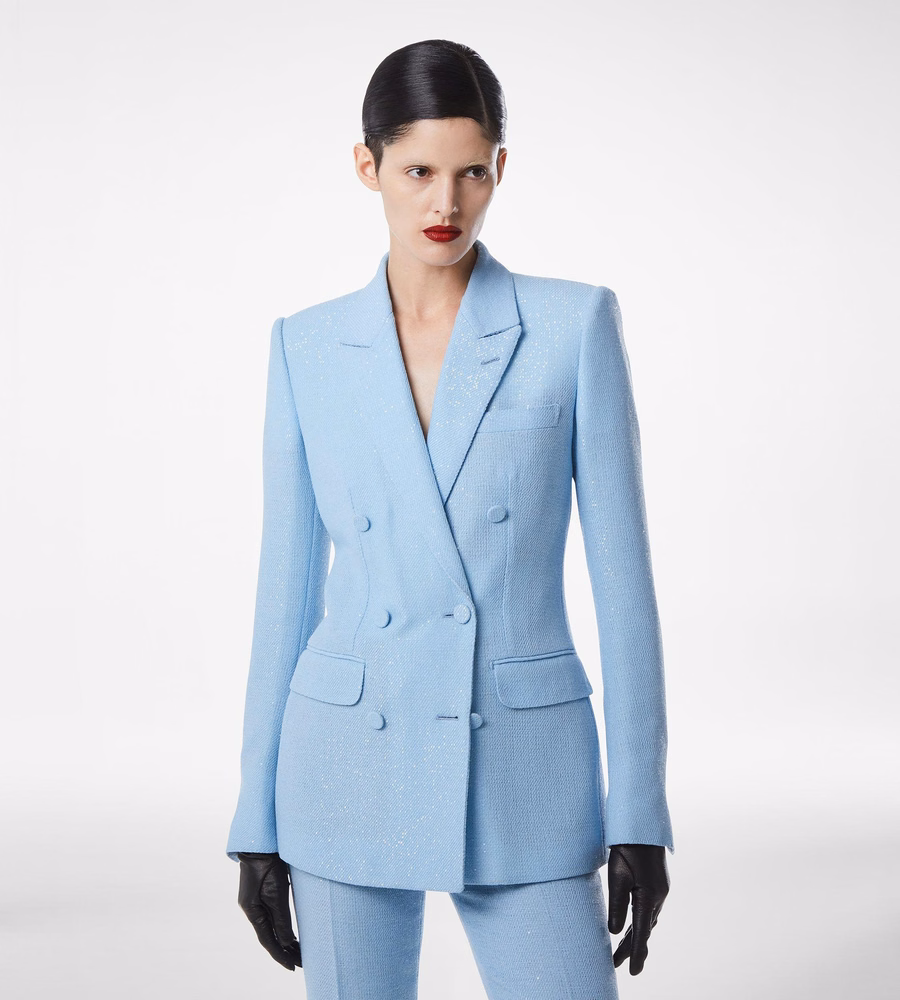 SEQUINED WOOL BLEND CREPE DOUBLE BREASTED JACKET