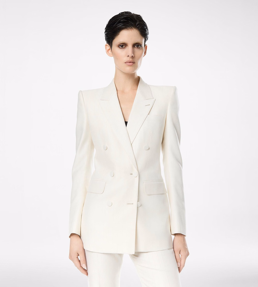 SHADOW STRIPE WOOL SILK DOUBLE BREASTED PEAK LAPEL JACKET