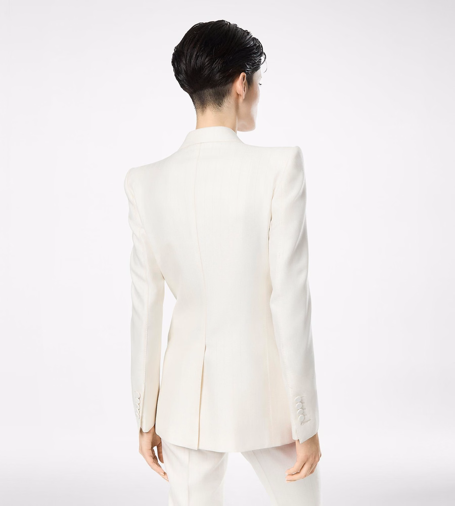 SHADOW STRIPE WOOL SILK DOUBLE BREASTED PEAK LAPEL JACKET