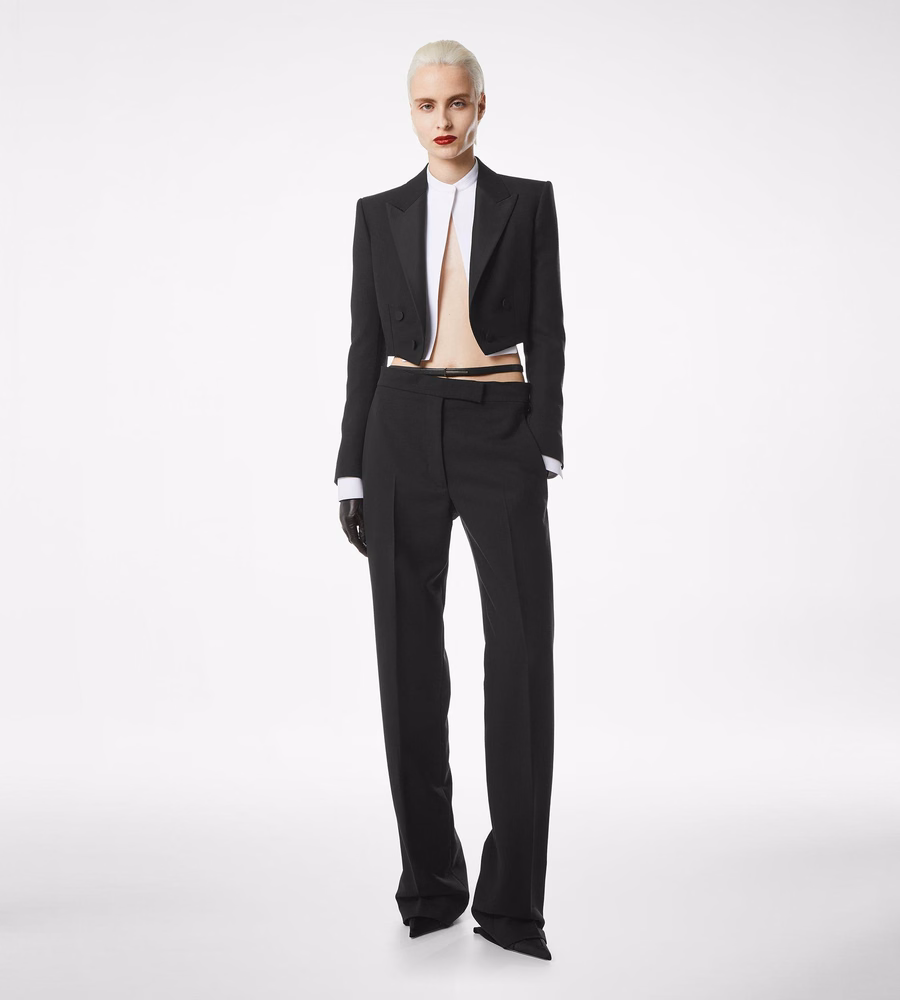 WOOL SILK BLEND DOUBLE BREASTED CROPPED TUXEDO JACKET