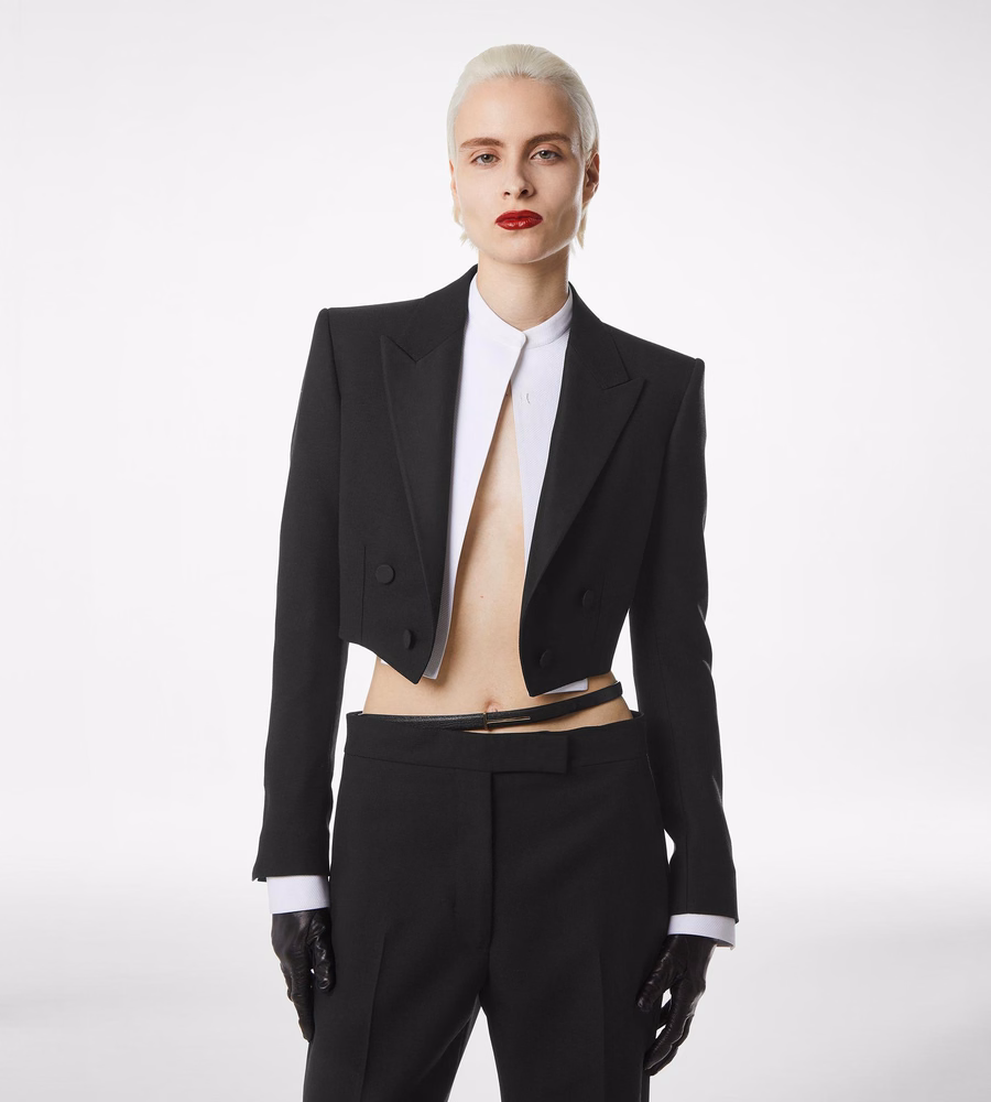 WOOL SILK BLEND DOUBLE BREASTED CROPPED TUXEDO JACKET