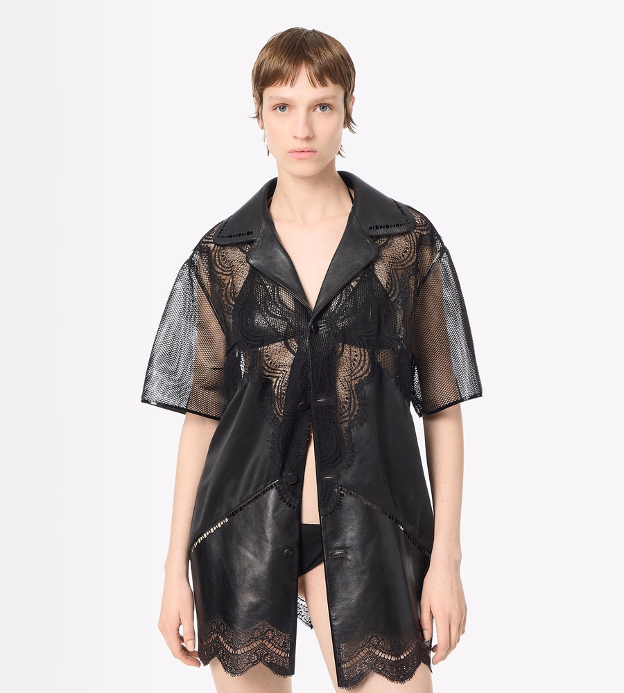 LEATHER AND LACE SHORT SLEEVE PAJAMA SHIRT