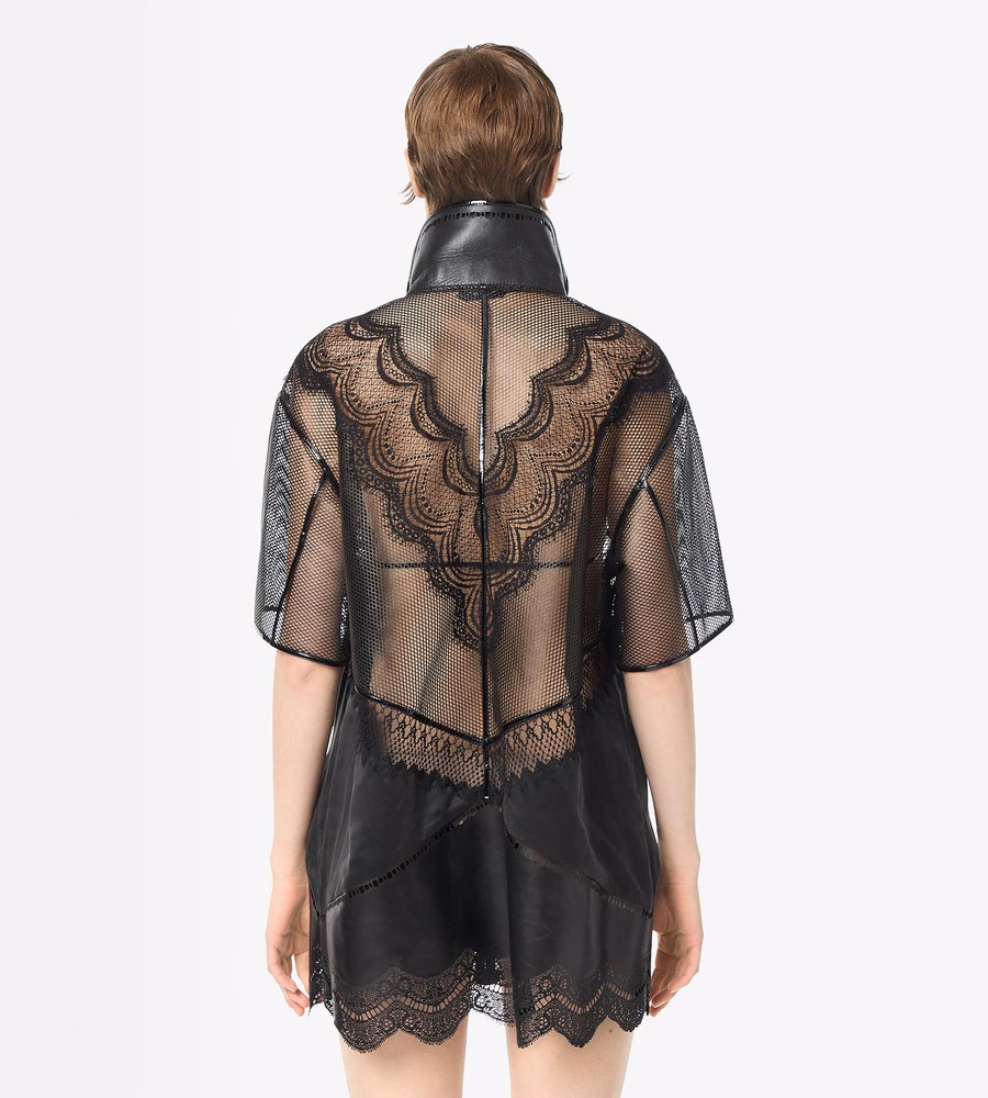 LEATHER AND LACE SHORT SLEEVE PAJAMA SHIRT