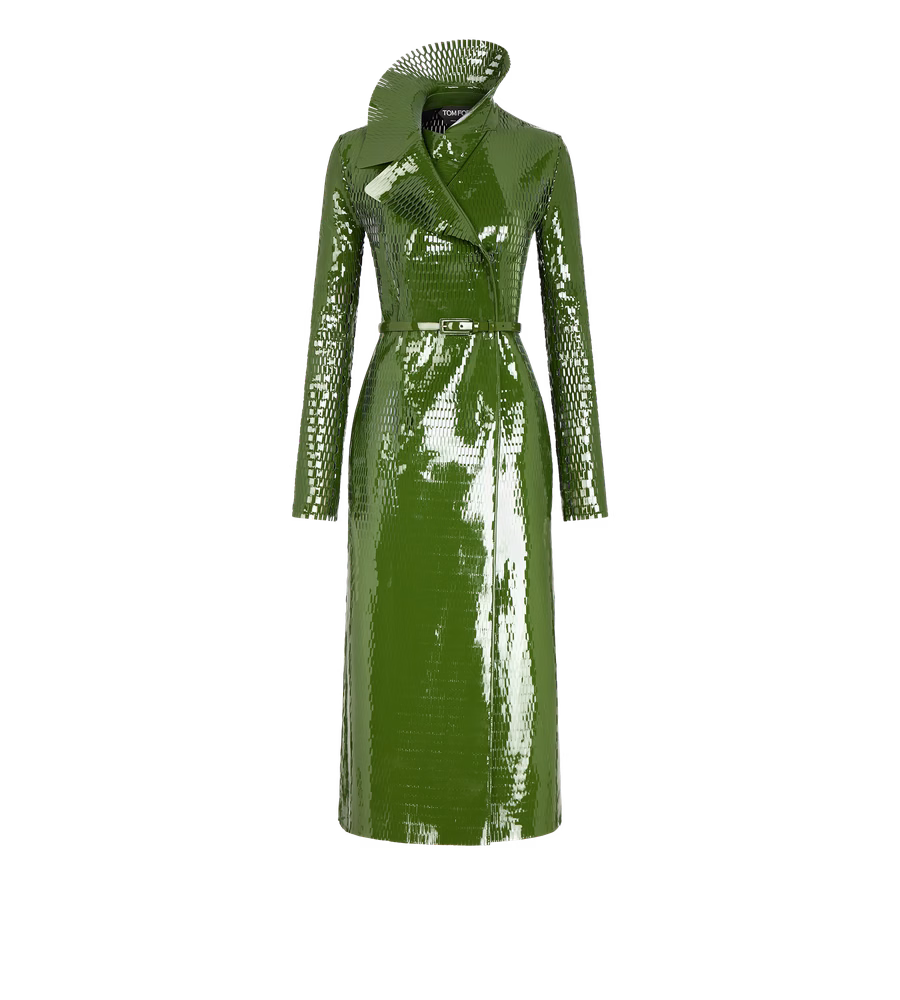 PERFORATED PATENT CALF LEATHER DOUBLE BREASTED TRENCH COAT WITH SELF BELT